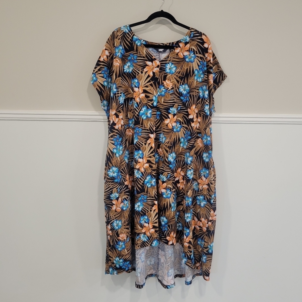 Lands End Sheath Dress 1XL With Pockets Short Sleeve High Low floral Dress